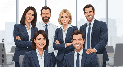 Vector illustration of a diverse team of six professional business people in formal suits, including three men and three women, smiling in a bright modern office background.