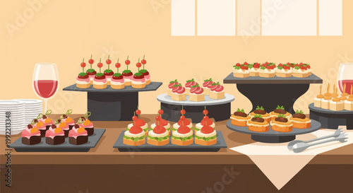 Vector illustration of a buffet table featuring various gourmet appetizers, canapés with strawberries and garnishes, wine glasses, and stacked plates arranged on dark pedestals.