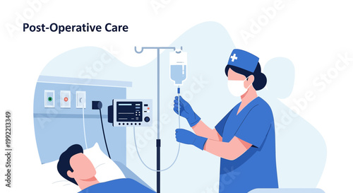 Nurse provides post-operative care to patient in hospital room with IV drip and monitor
