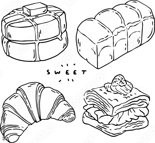 Hand Drawn Bakery and Pastry Collection with Pancakes Croissant Bread and Layered Cake Line Art Illustration