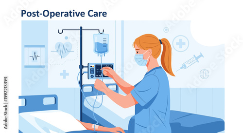 Nurse Providing Post-Operative Care to Patient in Hospital Room with IV Drip and Monitor