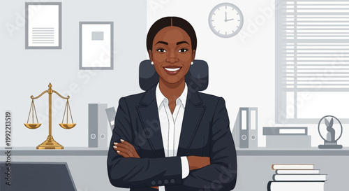 Professional vector illustration of a smiling Black woman attorney wearing a dark blazer and white shirt, standing with arms crossed in a law office with scales of justice background.