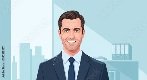 Vector illustration of a smiling middle-aged businessman in a dark blue formal suit and necktie, set against a minimalist office background with window views of city skyscrapers.