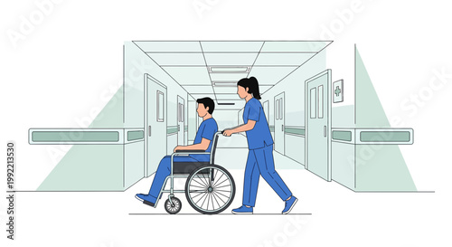 Nurse pushing patient in wheelchair down hospital corridor, healthcare, medical assistance
