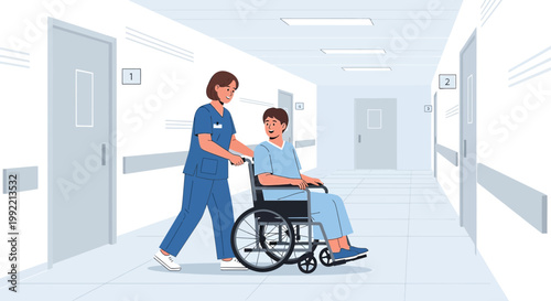 Nurse pushing patient in wheelchair down hospital corridor