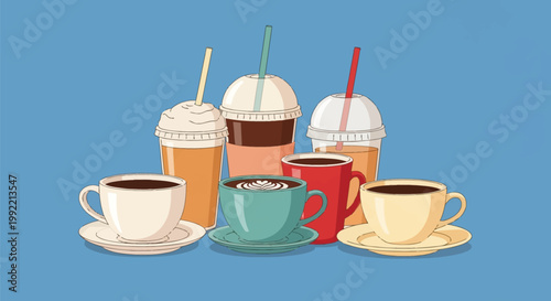 Flat vector illustration of various hot and cold beverages including ceramic coffee cups with saucers, a red mug, and plastic takeout cups with straws and lids on a blue background.