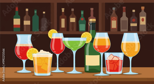 Flat vector illustration of various alcoholic cocktails and drinks in glassware including martini, hurricane, and rocks glasses, set on a bar counter with liquor bottles behind.