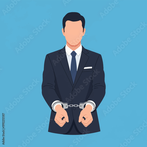 Vector illustration of a faceless man wearing a formal dark suit, white shirt, and blue tie with silver metal handcuffs on his wrists, isolated on a solid blue background.