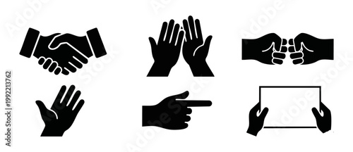 Hand Gestures Icon Set Black Silhouette Collection for Business Communication and Social Interaction Signage Design Featuring Handshake High Five Fist Bump Pointing and Holding Blank Frame Graphics