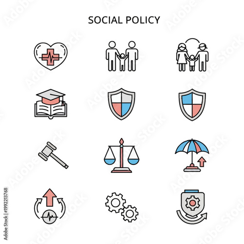 Social policy vector icon set featuring symbols for healthcare, family welfare, education, justice scales, legal gavel, insurance protection shields, and administrative gear icons.