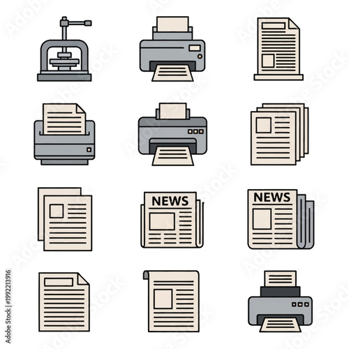 Icon set of printing and publishing equipment including antique printing press, modern inkjet printers, newspaper stacks, and document pages with text and images on white background.