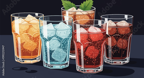 Five glasses of assorted carbonated soft drinks with ice cubes and bubbles, featuring colorful liquids like cola, orange soda, blue raspberry, and red punch on dark background.