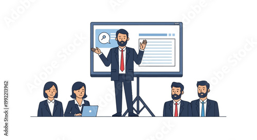 Vector illustration of a bearded businessman in a suit giving a professional presentation in front of a digital screen to a diverse group of male and female colleagues in a meeting.