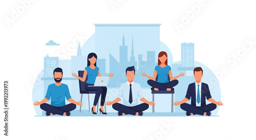 Vector illustration of office employees and diverse business professionals practicing mindfulness meditation in lotus positions with mudra hand gestures against a city skyline.