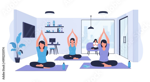 Vector illustration showing a group of female employees participating in a corporate yoga class inside a modern office room with mats, office furniture, and city view windows.