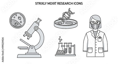 Medical research icon set featuring a laboratory microscope, DNA double helix, petri dish with bacteria, Erlenmeyer flask, test tubes, and a scientist in a face mask and lab coat.