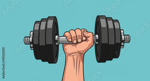 Vector illustration of a muscular male hand gripping a heavy black adjustable dumbbell with multiple weight plates, isolated on a solid teal background for fitness and gym concepts.