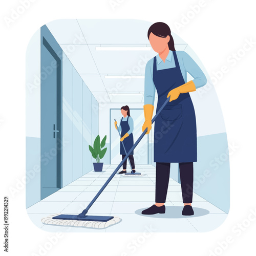 Flat vector illustration of two professional female janitors mopping a tiled floor in a bright office hallway while wearing protective blue aprons and yellow rubber gloves.