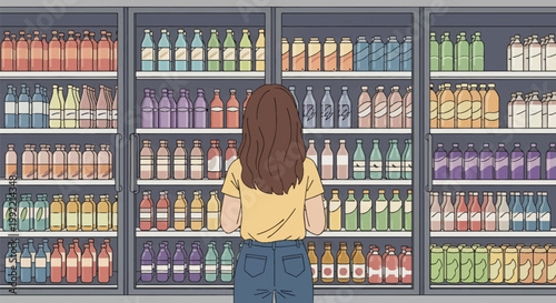 Back view vector illustration of a young woman with long brown hair in a yellow shirt standing in front of a supermarket refrigerator aisle filled with various bottled drinks.