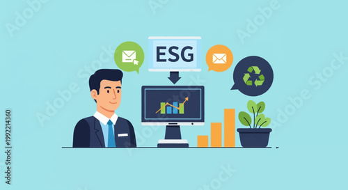 Flat vector illustration of a businessman at a computer desk analyzing ESG data with charts, featuring environmental icons, a recycling symbol, a growth graph, and a potted plant.