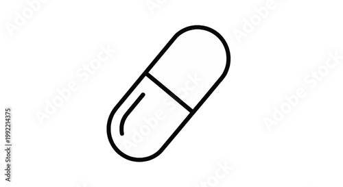 Minimalist black and white vector illustration of a medical capsule pill isolated on a white background. Simple line art icon representing medicine, pharmacy, health, and pharmaceutical care.