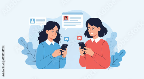 Flat vector illustration of two women using smartphones for online job recruitment, featuring digital user profile icons, message bubbles, and resumes on a light blue background.