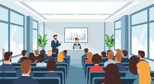 Vector illustration of a modern business seminar featuring a male speaker presenting a data growth chart to an audience in a corporate conference room with large windows.