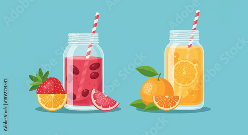 Flat vector illustration of two glass mason jars containing red and orange fruit juice with striped straws, garnished with strawberries, orange slices, and grapefruit.