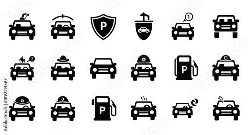 Set of 18 black automotive icons featuring vehicle safety, parking insurance, fuel pumps, taxi, emergency services, towing, car maintenance, and damage symbols in flat vector style.