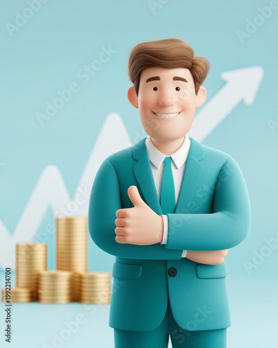 Financial Success Illustration: A confident, smiling cartoon businessman, thumbs up, stands before a rising graph and stacks of gold coins, symbolizing achievement and financial growth. 