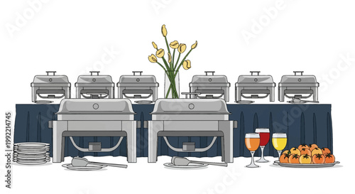 Vector illustration of a catering buffet setup featuring stainless steel chafing dishes, stacked plates, glassware, fruit, and a flower centerpiece on a blue draped table.