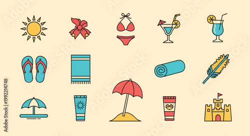 Vector collection of summer beach icons including sun, bikini, tropical cocktails, flip-flops, beach towel, sunscreen tubes, sandcastle, and umbrellas on a beige background.