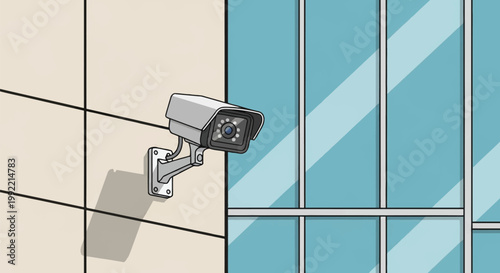 Vector illustration of a grey bullet CCTV security camera mounted on a modern corporate building exterior wall with blue glass windows, representing surveillance and safety monitoring