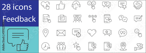 Feedback icons set with customer reviews, rating stars, comments, satisfaction survey, and user opinion concepts in modern line style.