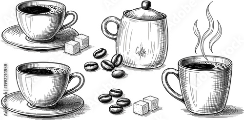 Coffee Cup and Pot Vintage Engraving Set with Beans Sugar Cubes for Cafe Menu Packaging Branding Design