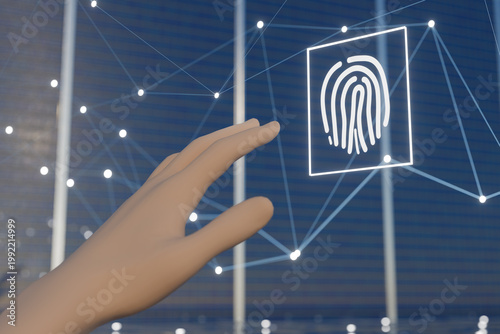 Biometric authentication concept: hand reaching for digital fingerprint scan in network 3d rendering