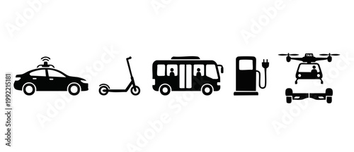 Future Urban Transportation Icons Set: Autonomous Car, Electric Scooter, Public Bus, Charging Station, and Drone Air Taxi for Smart City Mobility and Sustainable Travel Solutions, Minimalist Vector Gr