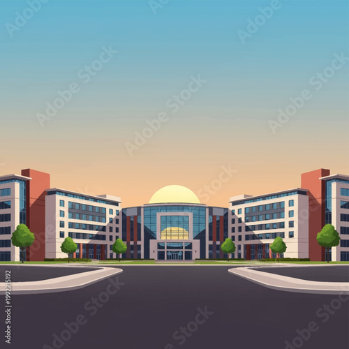 Vector illustration of a modern symmetrical corporate campus building with glass windows and office wings during sunset with a clear sky, green trees, and foreground roads.