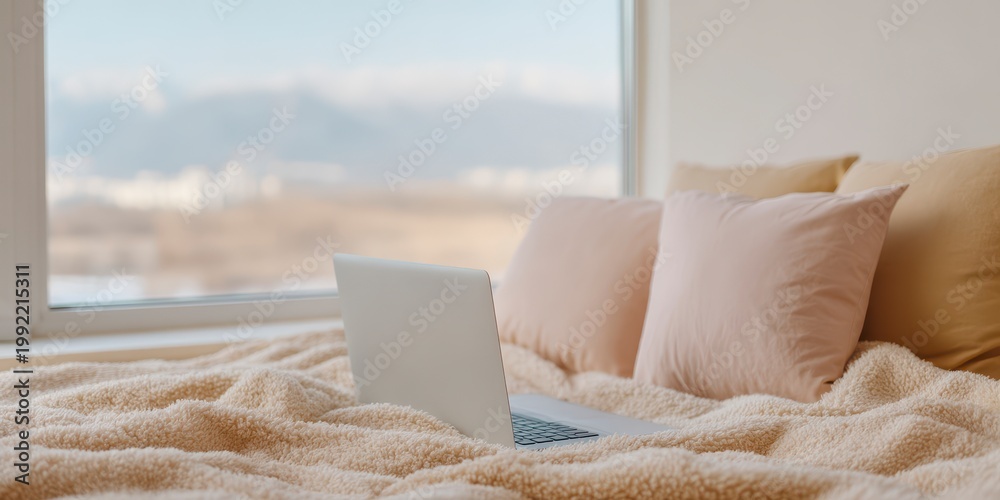 Fototapeta premium Cozy Bedroom Scene Laptop on Plush Blanket Near Window with Soft Pillows and Distant Landscape View
