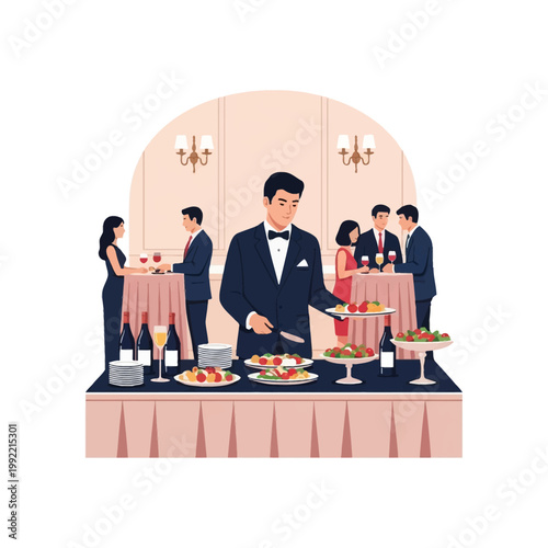 Vector illustration of an upscale corporate gala banquet featuring a professional male server at a buffet table with appetizers and wine, with guests in formal attire socializing.