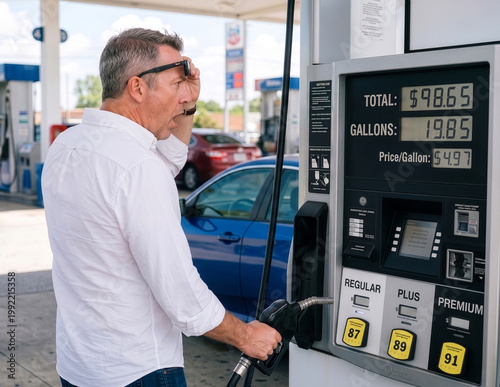 Shocked Man in sunglasses back with  hand holding a gas station fuel nozzle at a gas pump with digital display showing high fuel prices and oil price surge in 2026, Generative AI