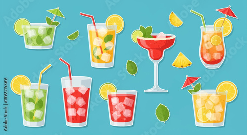 Vector collection of colorful summer cocktails and refreshing drinks with ice cubes, citrus garnishes, mint, straws, and umbrellas, designed as flat sticker elements on blue background.