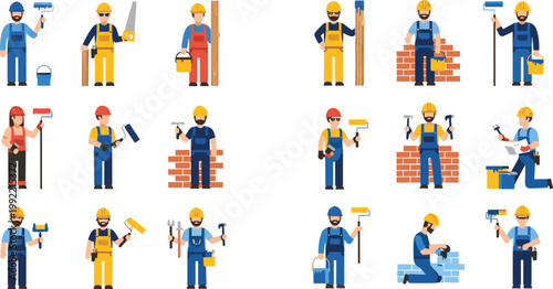 Construction Workers with Tools Vector Set Featuring Builders Painters Bricklayers and Repair Workers Holding Equipment for Building and Maintenance Design