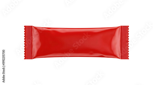 A blank glossy red foil snack or candy bar wrapper pouch with serrated edges is presented isolated on transparent background