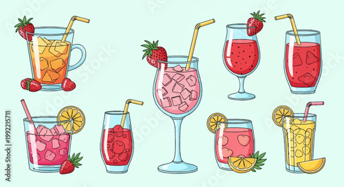 Vector illustration set of various colorful summer cocktails and fruit juices with ice cubes, straws, strawberry garnishes, and citrus slices isolated on a light blue background.