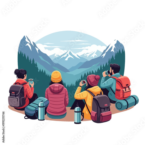 Vector illustration of four hikers with backpacks and thermos flasks sitting on a ridge, viewing snow-capped mountain peaks and pine forests, wearing winter jackets and beanies.