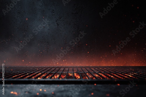 Barbecue Grill - Embers With Flames And Abstract Sparks - Grid And Fire On Charcoal In Black Background