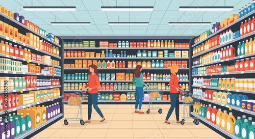 Flat vector illustration of a supermarket interior with three female shoppers pushing carts through aisles stocked with colorful packaged goods, bottles, and boxes on shelves.