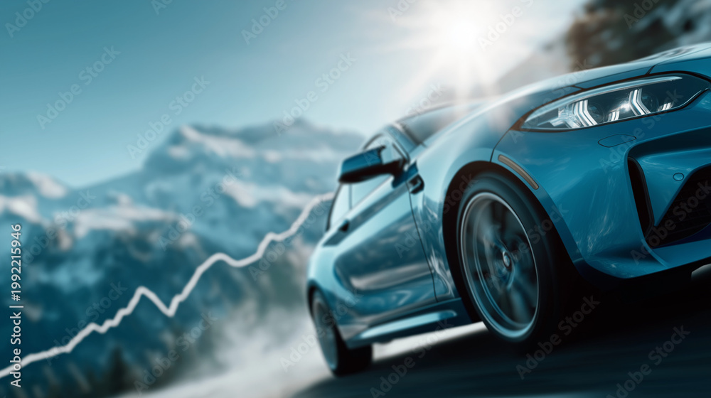 Naklejka premium Race to the Summit: A sleek, modern sports car navigates a winding mountain road, embodying speed, performance, and the thrill of the open road, against a backdrop of majestic peaks and the sun. 