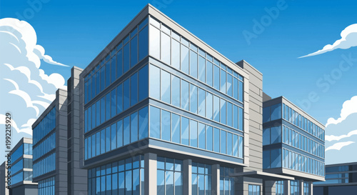 Modern commercial office building vector illustration featuring glass windows with reflections, gray concrete exterior pillars, and blue sky with white clouds in low angle view.
